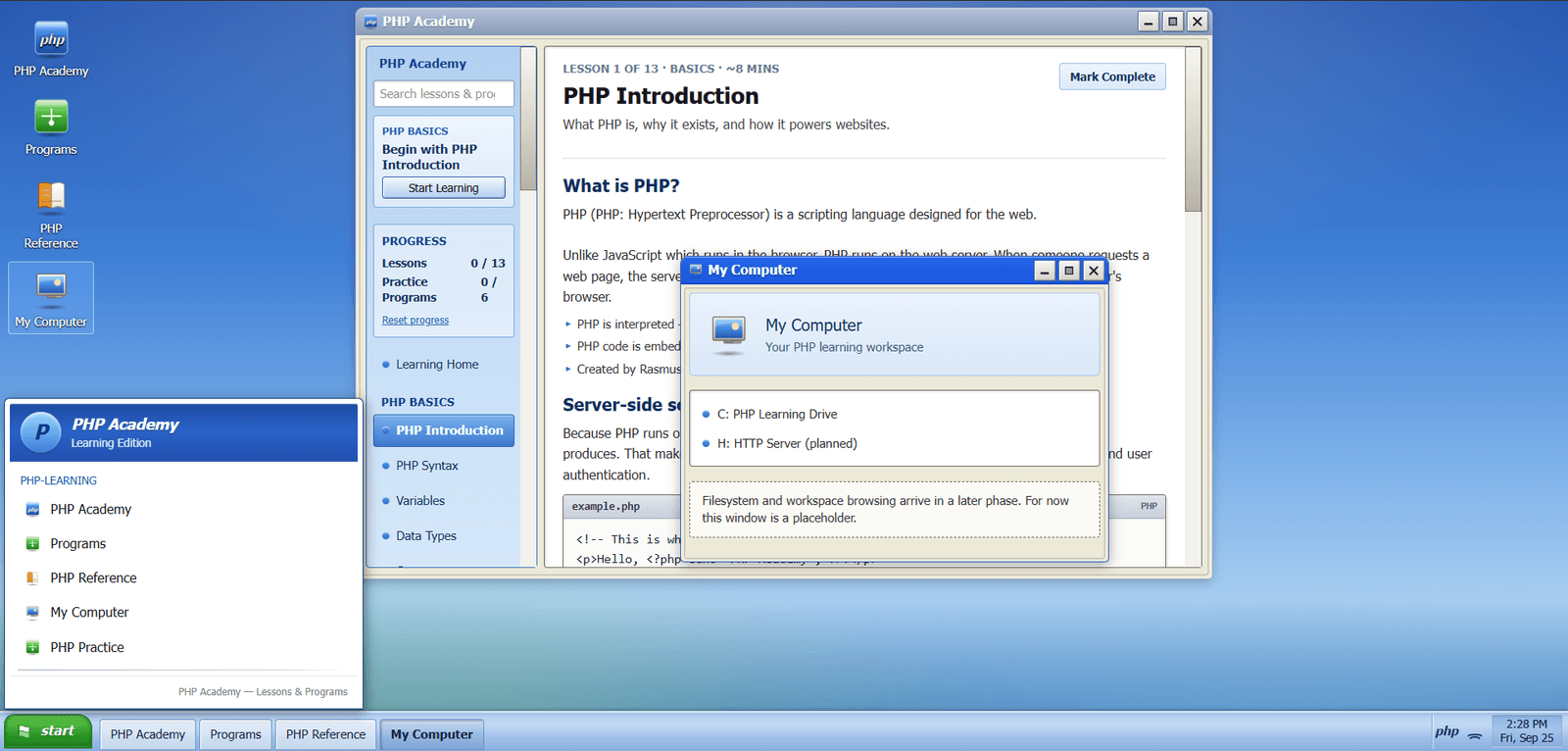 PHP Academy Windows XP-style My Computer desktop with the learning home, practice, and reference windows