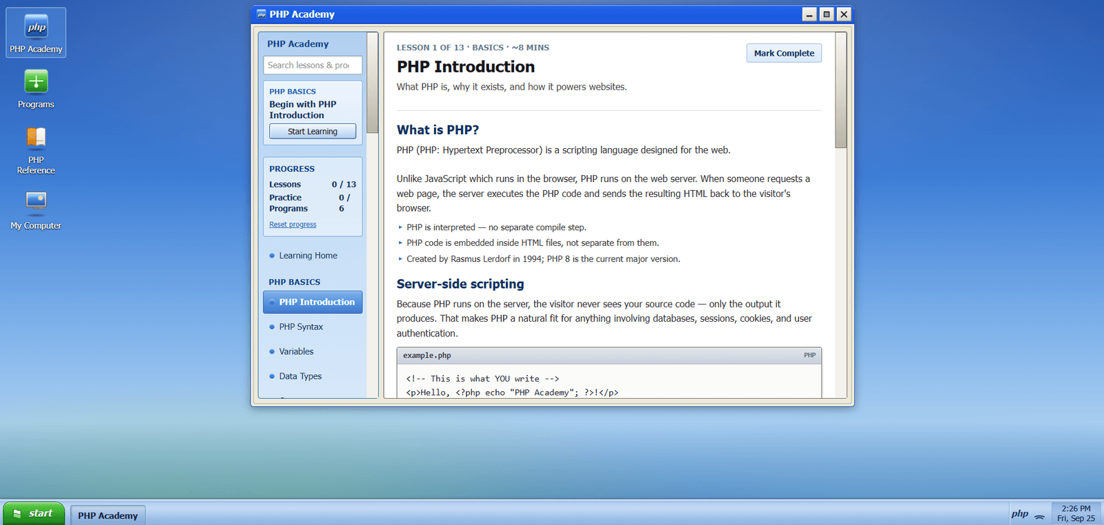 PHP Academy lesson view for PHP Introduction with lesson navigation and progress tracking
