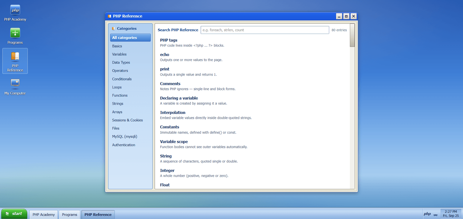 PHP Academy PHP reference browser with category filters and a searchable entry list